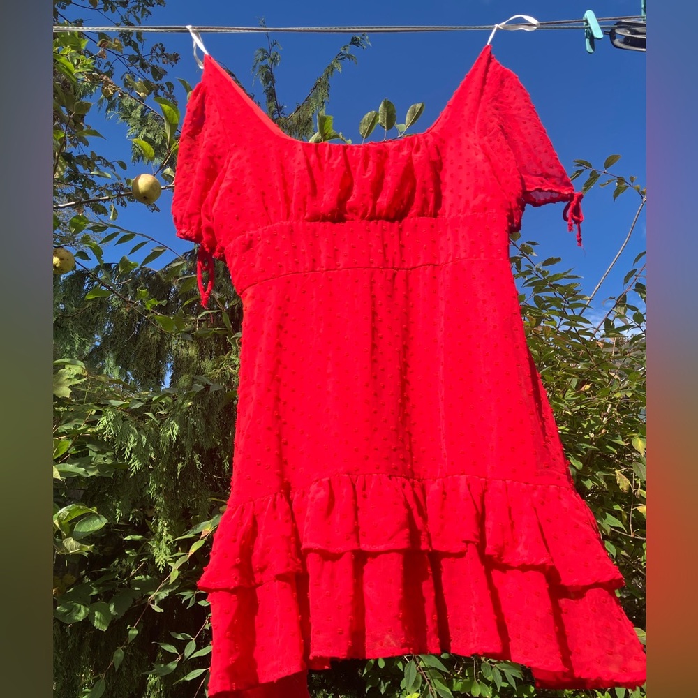 B Darlin Vibrant fluttery Red Dress with textured dots
